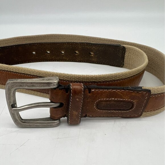 Vintage Columbia Mens Canvas Leather Buckle Belt Brown Silver Hardware Classic - Picture 3 of 6